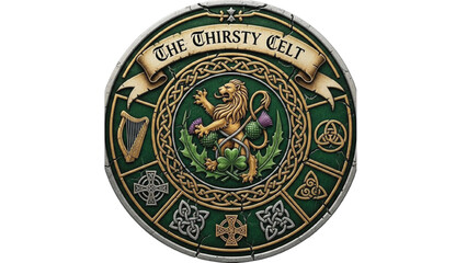 Fototapeta premium Celtic emblem with lion and symbols on green background