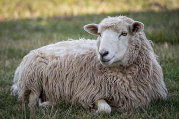 A fluffy white sheep resting comfortably on a green grassy pasture.  © AI illustration 