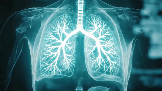 Lungs displayed in a detailed anatomical illustration with digital enhancements for educational purposes