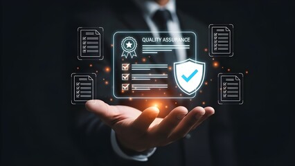 Close-up of a suited businessman holding a digital security interface with a shield and checkmark in his palm against a dark background with a futuristic and technological mood.