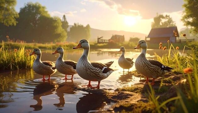 Grupo de gansos caminando por un estanque al amanecer en un paisaje rural con luz dorada