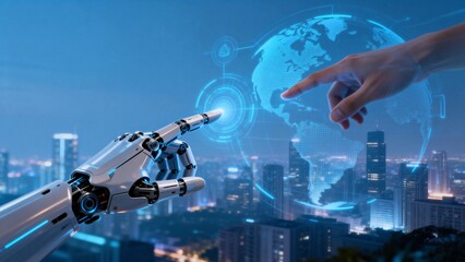 Robot hand and human hand interacting with digital globe