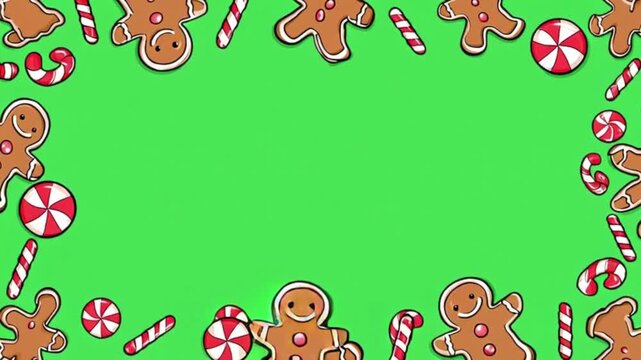 Festive Christmas frame with red ornaments and candy canes on green background motion graphic for holiday greeting card and winter seasonal announcement template design