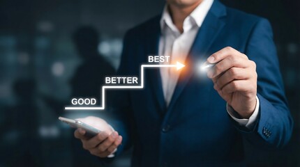 a business professional is visually depicting growth and improvement concepts with a glowing staircase of progress highlighting terms like good better and best