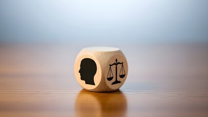 Close-up of a wooden dice with a human head and justice scale symbols on its sides, on a reflective wooden surface with a blurred background.