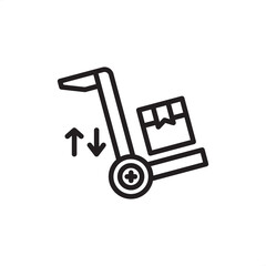 Industrial freight elevator icon featuring a heavy-duty hand truck and directional arrows, symbolizing vertical material handling, warehouse goods transport, and efficient multi-level logistics.