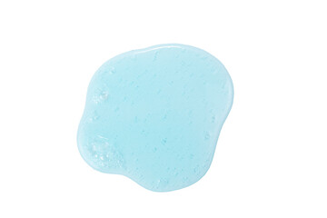 Top view of light blue liquid detergent spill with bubbles, isolated on a plain white background.