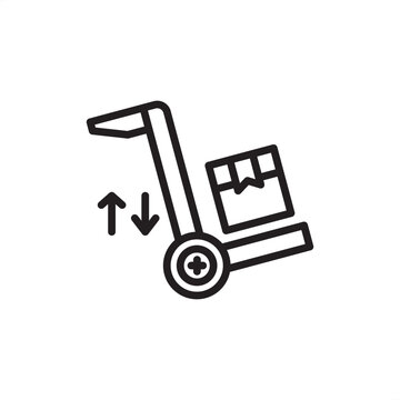 Industrial freight elevator icon featuring a heavy-duty hand truck and directional arrows, symbolizing vertical material handling, warehouse goods transport, and efficient multi-level logistics.