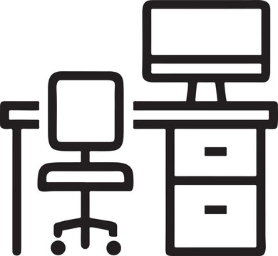 Office workspace workstation icon featuring computer monitor desk chair and filing drawers