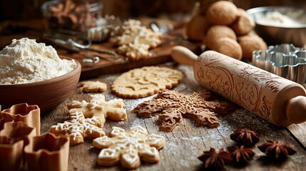 Fototapeta premium A kitchen table with various Christmas cookies, baking utensils, and ingredients for holiday baking.
