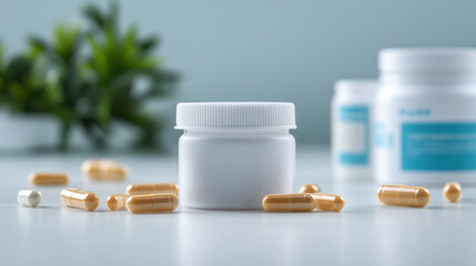 Astaxanthin and Haematococcus, Flat lay of astaxanthin capsules surrounded by vitamins on a clean surface, ideal for health and wellness imagery.