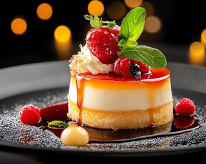 Delicious cheesecake topped with raspberries.