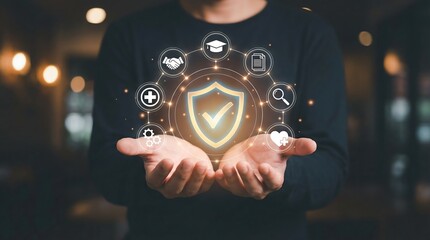 a person s hands are holding a glowing circular display of various digital icons surrounding a shield representing digital security and data protection