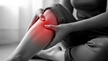 Deep vein thrombosis and varicose Sclerotherapy procedure at visiting vascular surgeon doctor person suffering from knee discomfort, clutching the affected area with both hands