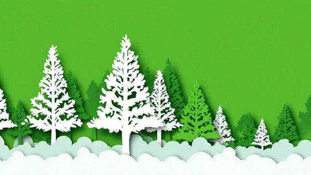 Paper cut style Christmas landscape with snowy pine forest and mountains on green background motion graphic for festive holiday greeting card invitation template design