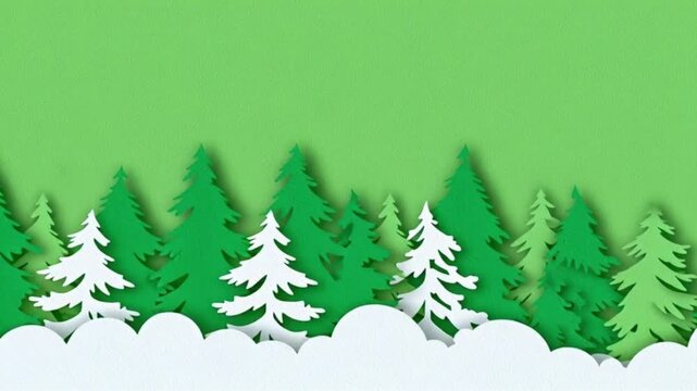 Paper cut art Christmas forest with snowy pine trees on green background motion graphic for festive holiday greeting card and winter seasonal announcement template design