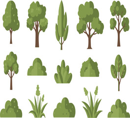 Flat Design Green Trees and Bushes for Nature and Landscape Illustration vector