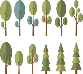 Flat Design Trees Including Deciduous and Coniferous Styles Keywords: tree, trees, flat design, illustration, nature