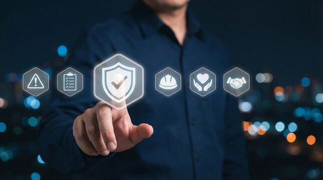 a man interacting with glowing digital icons representing security safety health and business concepts against a blurred cityscape backdrop at night high quality - Powered by Adobe