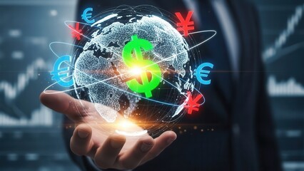 Global currency exchange concept, Closeup Businessman Hand holding virtual earth with dollar, euro, and yen signs, representing international finance, forex trading, and global economy