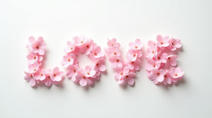 Word Love created from soft pink blossoms on clean white background. Delicate floral lettering for Valentine day, romantic greeting, wedding or love themed design