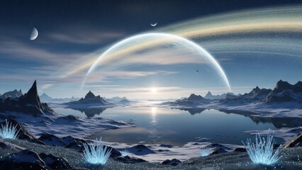 Cosmic landscape with distant planets and rings