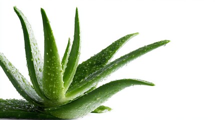 Fototapeta premium A close-up view of an aloe vera plant with water droplets on its green leaves against a white background