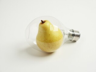 Ripe pear inside an electric lamp, energy and innovation symbol