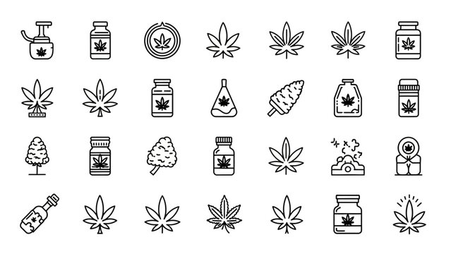 A comprehensive collection of cannabis and marijuana products line art icons for modern use