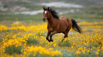 Majestic brown horse galloping through vibrant yellow wildflower meadow.