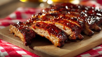Delicious barbecue pork ribs on wooden cutting board with red checkered cloth.