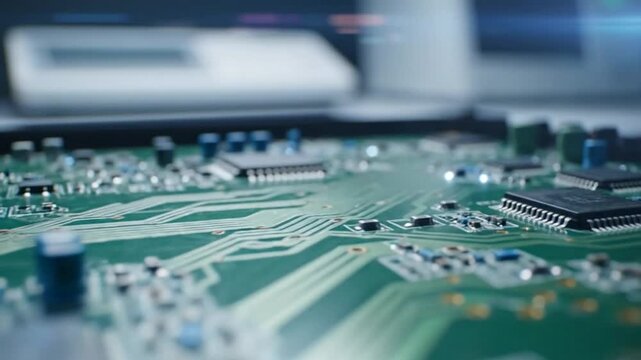 Close-up of a green circuit board with microchips and electronic components showing intricate details and technology