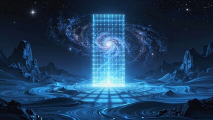 Glowing grid structure with galaxy in cosmic landscape