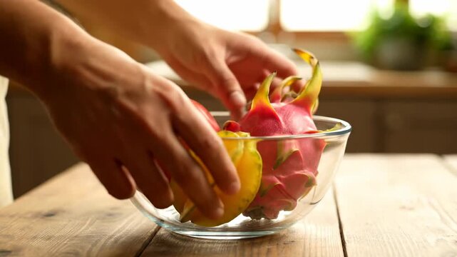 Close-up of a person's hands placing a vibrant yellow star fruit and pink dragon fruit into a clear glass bowl on a wooden surface