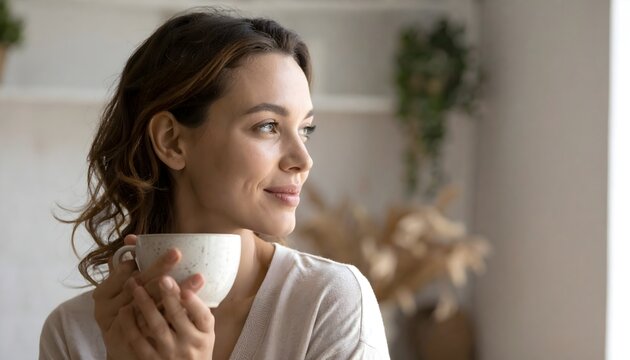 Mujer joven sosteniendo una taza de bebida caliente mirando por la ventana en interior luminoso y sereno