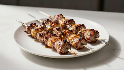 Grilled meat skewers with sesame seeds on white plate