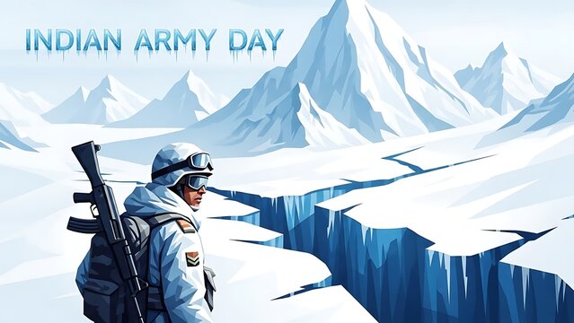 Indian army soldier standing on snowy mountain cliff
