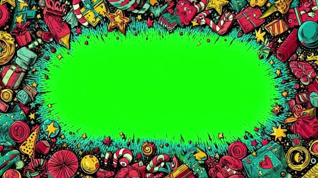 Comic book style Christmas frame with green halftone background and red border motion graphic for festive holiday celebration and winter seasonal pop art design template