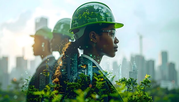 Ingenieros con casco en doble exposici&oacute;n urbana y naturaleza representando sostenibilidad e industria verde
