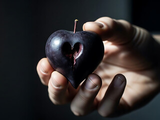 Evil cupid's poisoned heart: dark, wounded fruit held by hand against dramatic gothic shadows symbolizing corrupted love and sinister affection