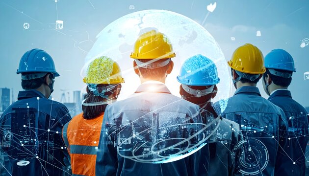 Equipo de trabajadores industriales con cascos de seguridad y superposici&oacute;n digital representando la industria 4.0
