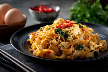 Spicy pad kee mao with chicken, eggs and red chili