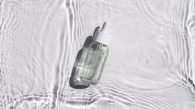 Bottle with a pipette for collagen serum, oil, toner, emulsion on water texture background with splashes. Women's cosmetics skincare. Products advertisement spa, relaxation. Medical body care. 4k