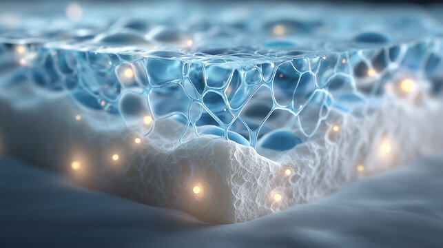 abstract cellular structure background, biotechnology molecular network illustration, skincare science micro layer concept
