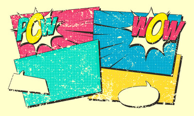 Colorful comic frame set with speech bubble expression and grunge effect 