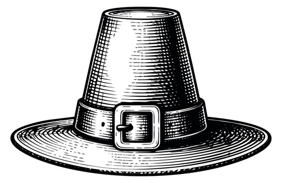 Hand drawn line art illustration of a pilgrim hat depicting a historical black and white design for thanksgiving celebrations