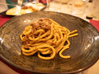 Bigoli Al Rag&ugrave; Di Cervo. Rustic mountain recipe from Northern Italy