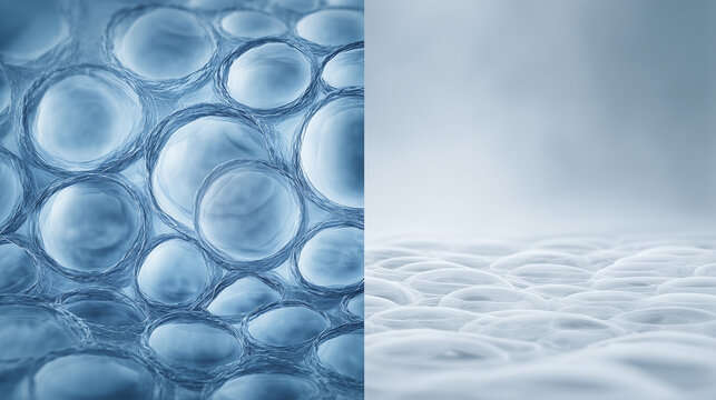 cellular hydration comparison background, molecular skin barrier structure illustration, biotechnology gel and network concept
