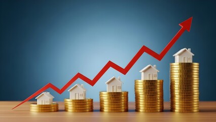 Illustration of stacked coins with houses and a rising red graph line on a wooden surface against a blue gradient background.