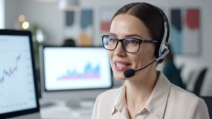 Cheerful businesswoman talking on headset sharing good news and positive progress with graphs on computer screens